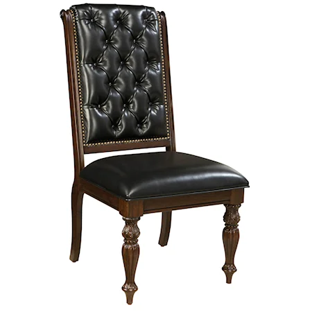 Dining Side Chair with Black Upholstered Seat and Tufted Back with Nail Head Trim and Carved Front Legs